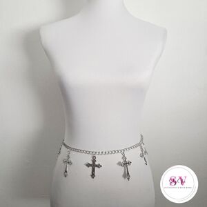 Silver chain belt with cross decor